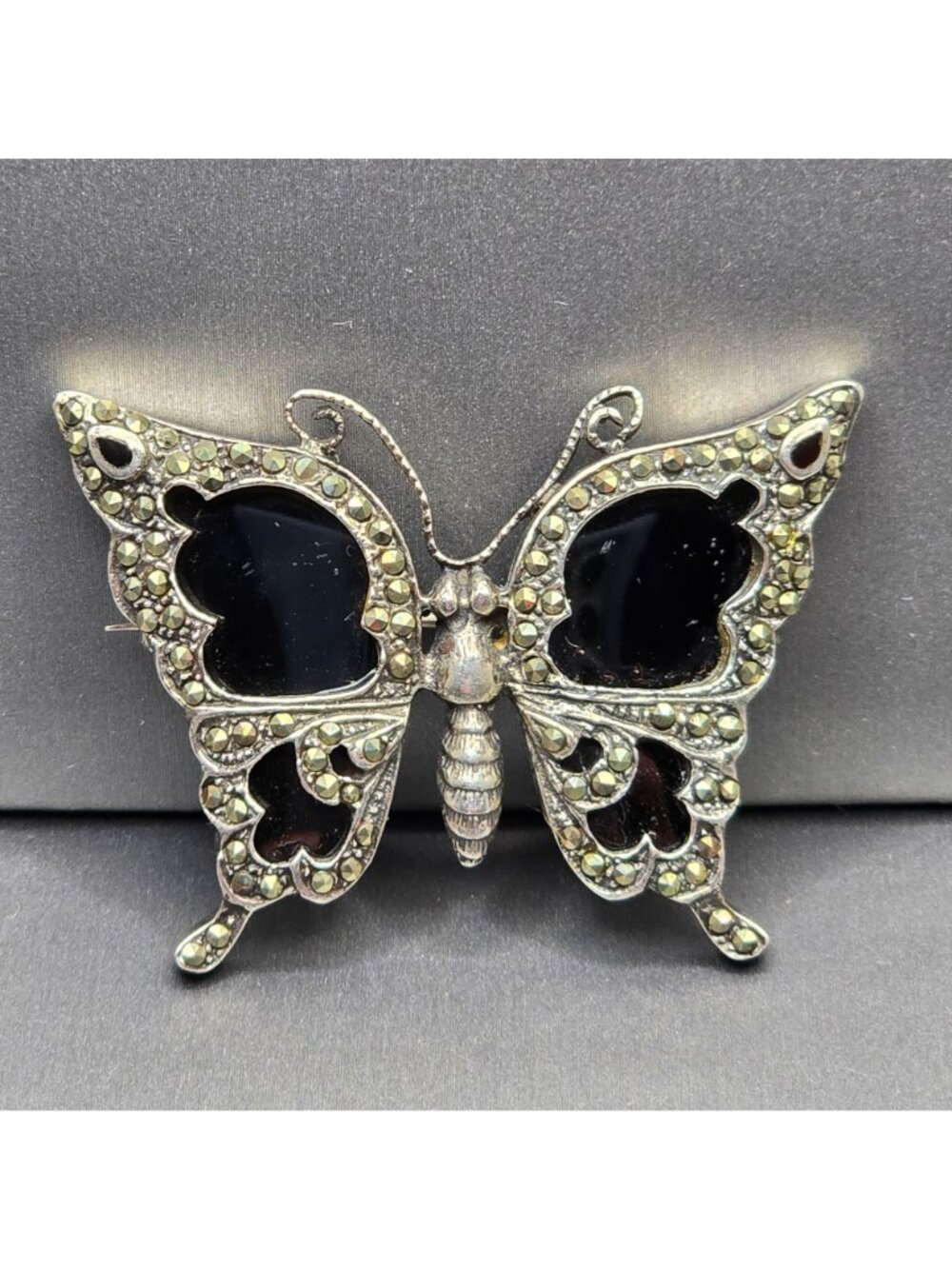 Vintage Sterling Silver Butterfly Brooch 2" Onyx Wings Marcasite Statement Piece - Picture 11 of 11